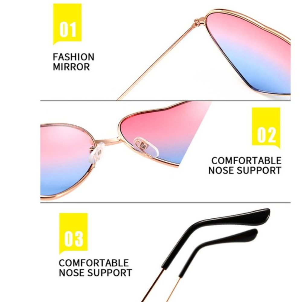 TEMP OUT OF STOCK Heart Shaped UV400 Blue & Pink Sunglasses Gold Metal Rim - Picture 5 of 14
